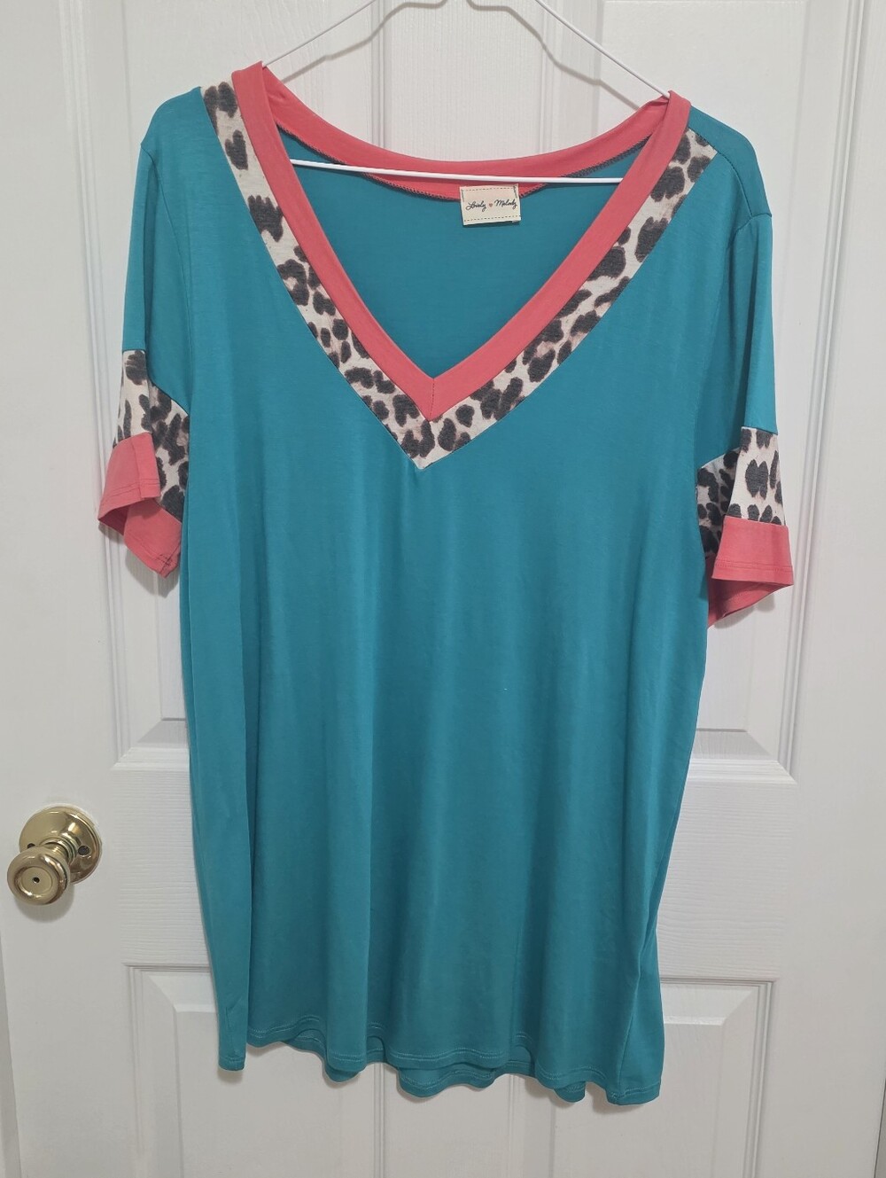 Lovely Melody Teal V-Neck Short Sleeve Top with Coral Trim and Leopard Panels